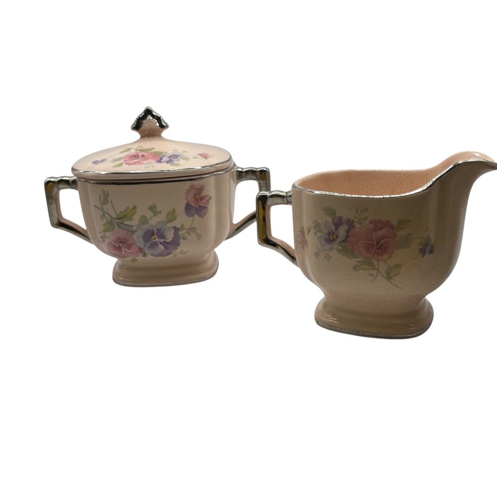 Limoges Sebring Ohio The Pansy Sugar Bowl Creamer Set Pink Floral Silver Trim*